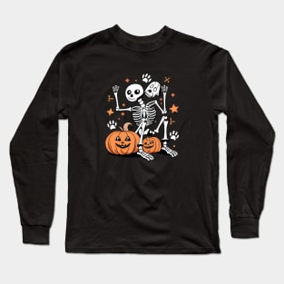 human skeleton sitting with dog skeleton halloween Long Sleeve T-Shirt